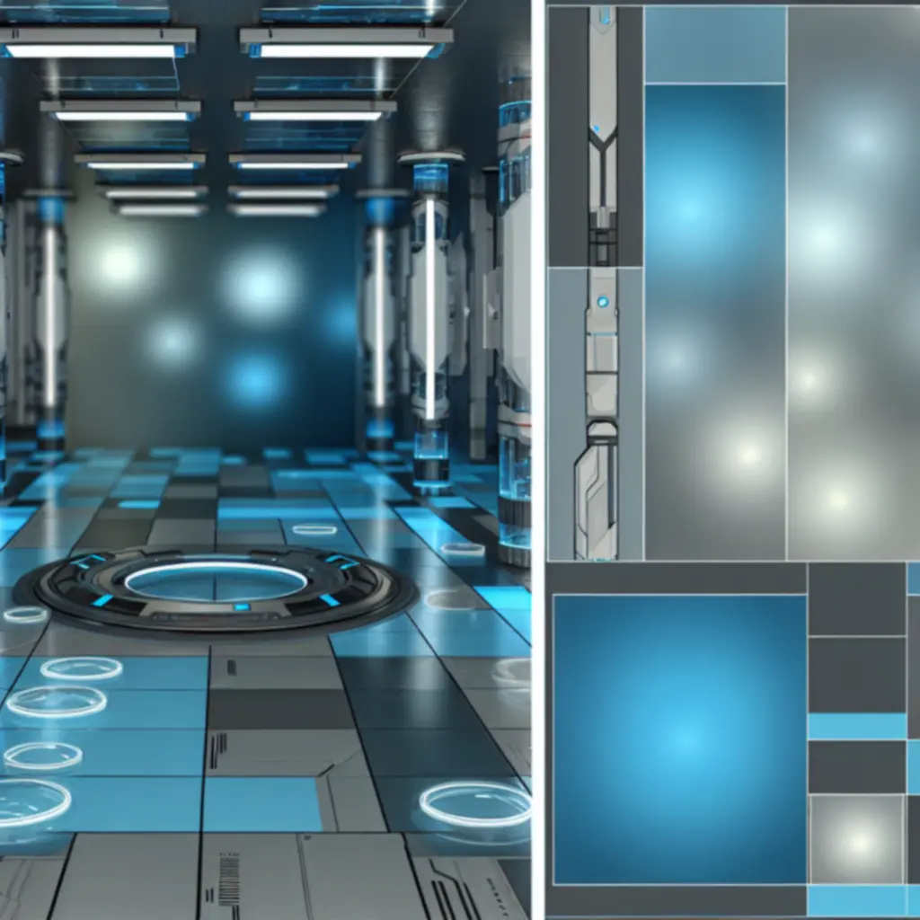 Kolaż grafik z gier Portal w tech-inspirowanej stylistyce