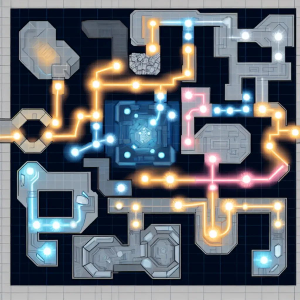 Siatka poziomów z wyróżnionymi ścieżkami gracza i zagadkami