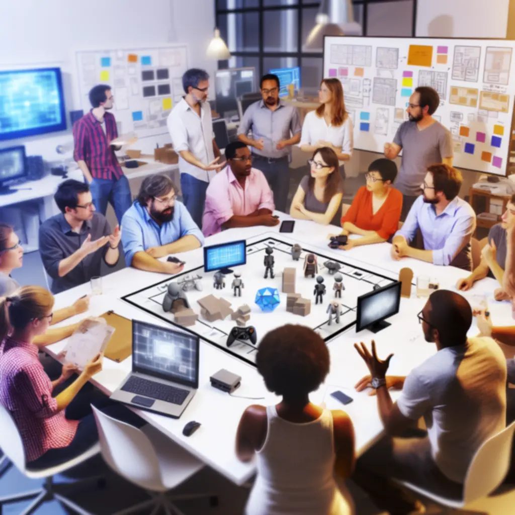 Zespół deweloperów omawia projekt na tle wykresów i prototypów