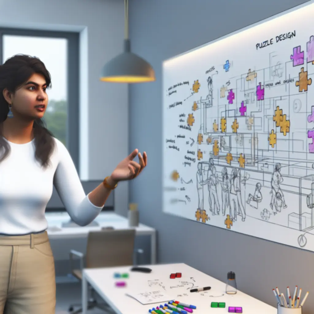 Twórca gry omawiający poziom z tablicą projektową w tle