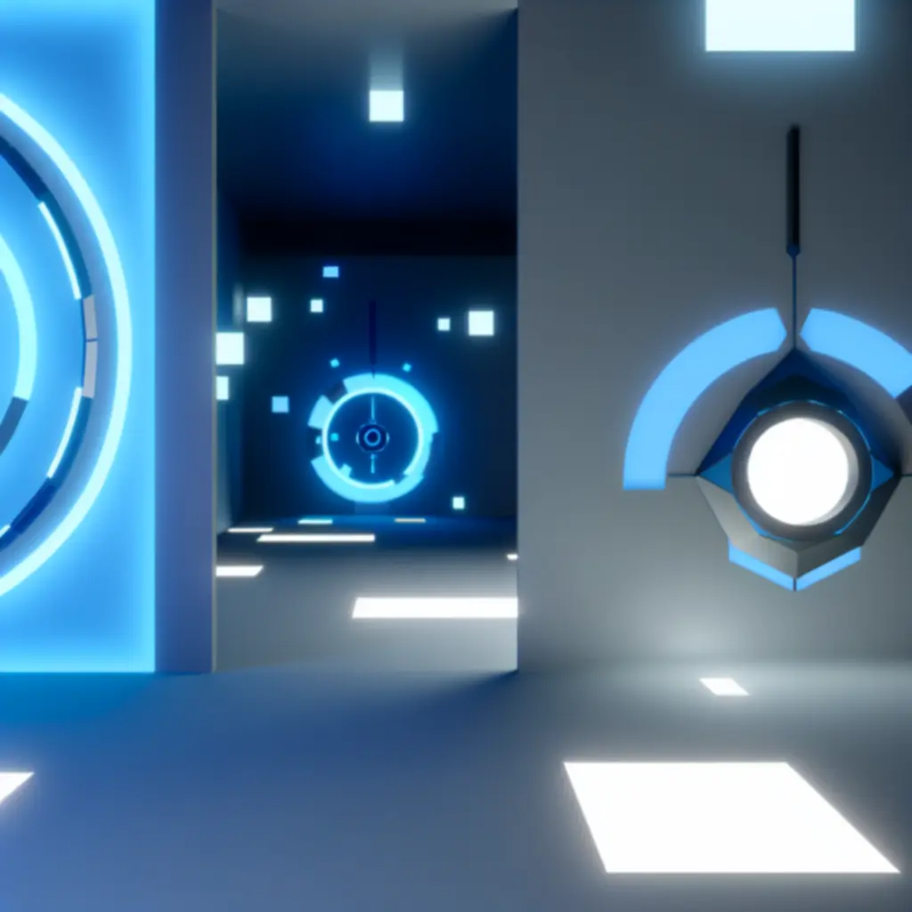 Futurystyczna grafika w odcieniach niebieskiego i szarości z motywem portalu