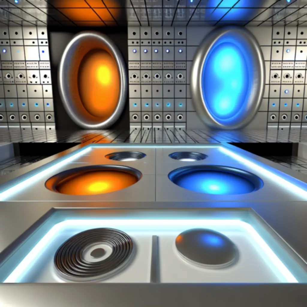 Zrzut ekranu stylizowany na Portal z futurystycznym interfejsem i chłodną paletą barw