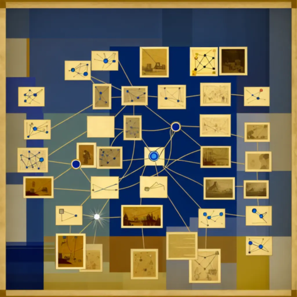Stylizowana mapa powiązań postaci i elementów fabuły