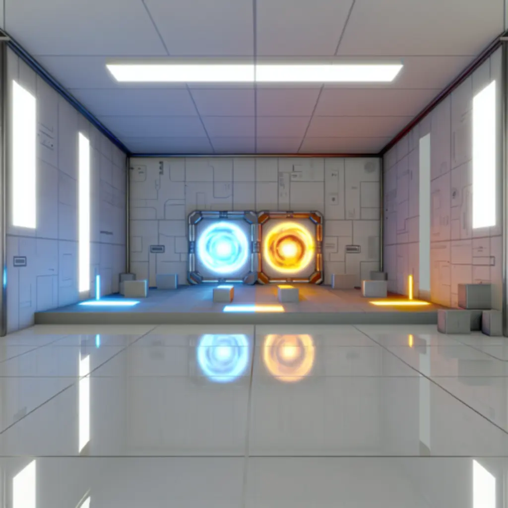 Kadr z gry Portal z ikonograficznym portalem i komorą testową