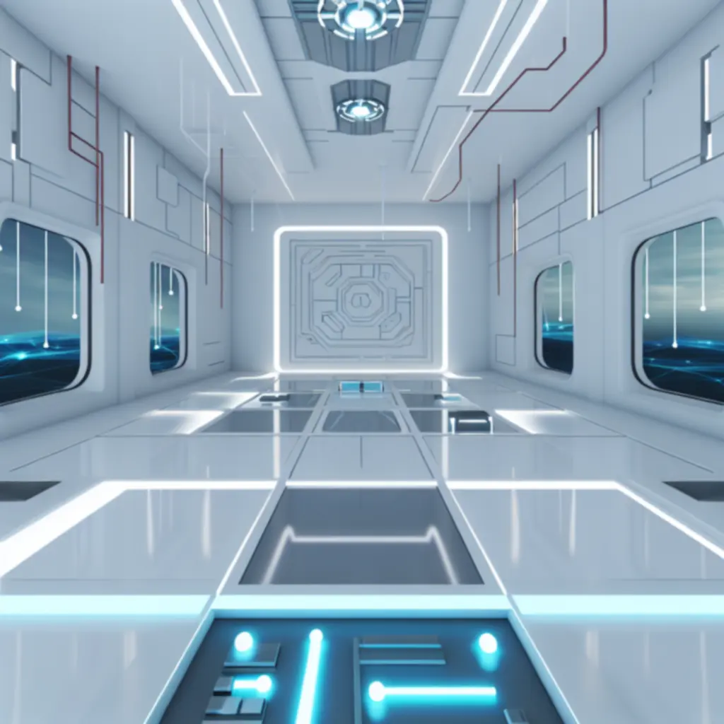 Kadr z The Turing Test przedstawiający futurystyczne wnętrze stacji i zagadki energetyczne